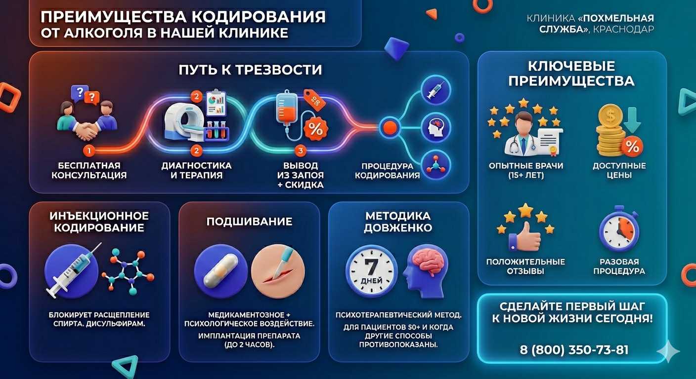 Инфографика о методах кодирования от алкоголя в Старом Осколе: инъекции, подшивание, метод Довженко. Преимущества клиники и этапы лечения.