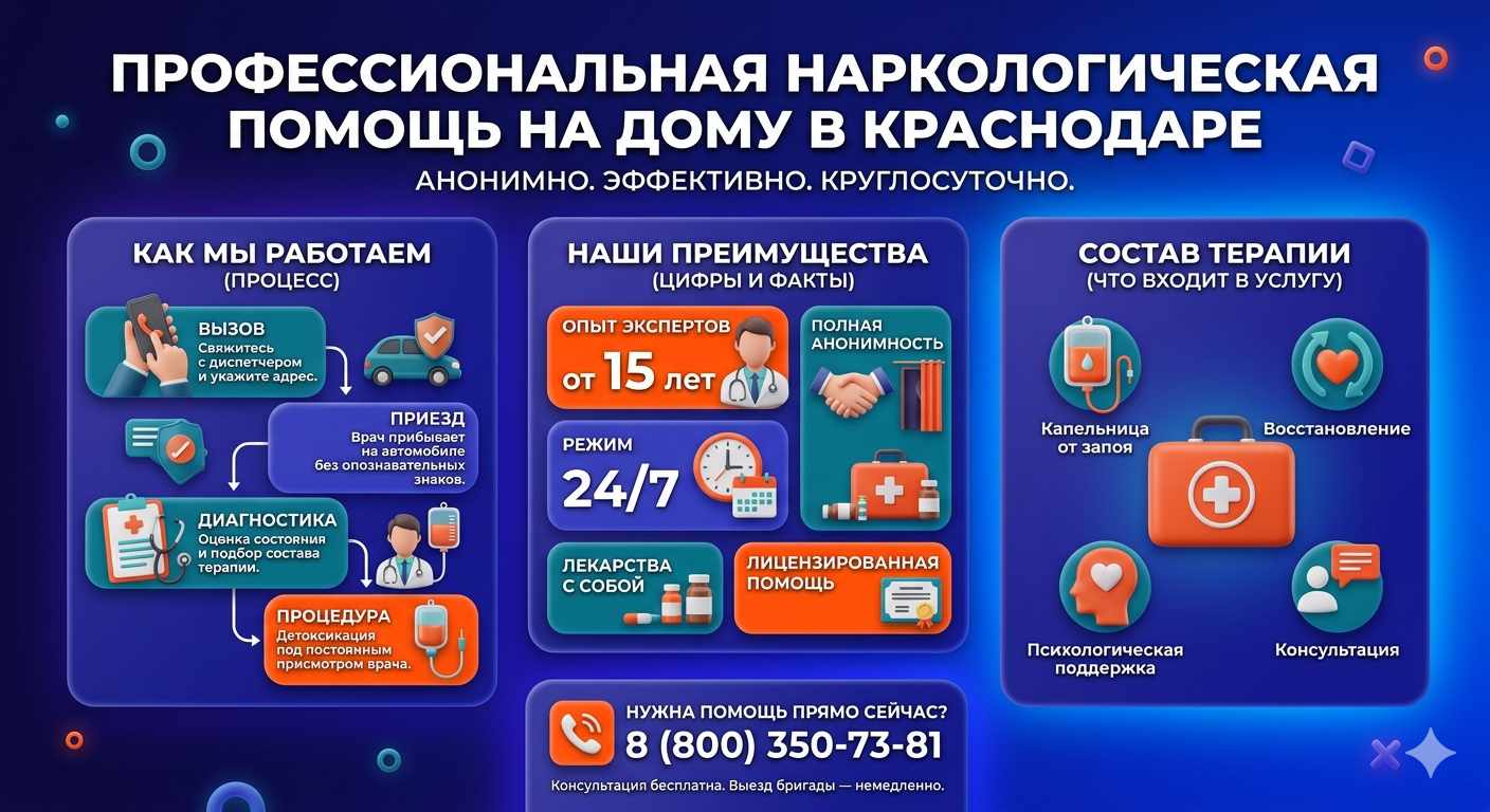 Инфографика о принципах лечения алкоголизма на дому в Старом Осколе: этапы вызова нарколога, преимущества анонимной детоксикации и состав медицинской помощи.